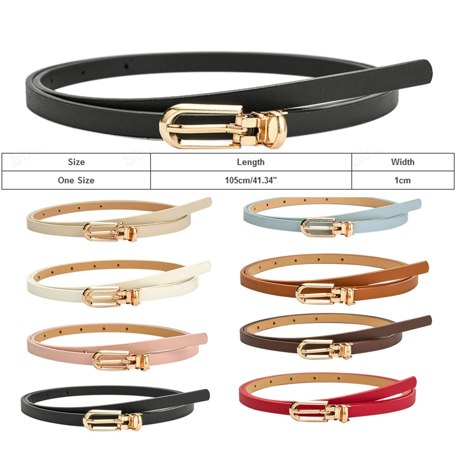 Black belt with gold buckle and multiple color options displayed below