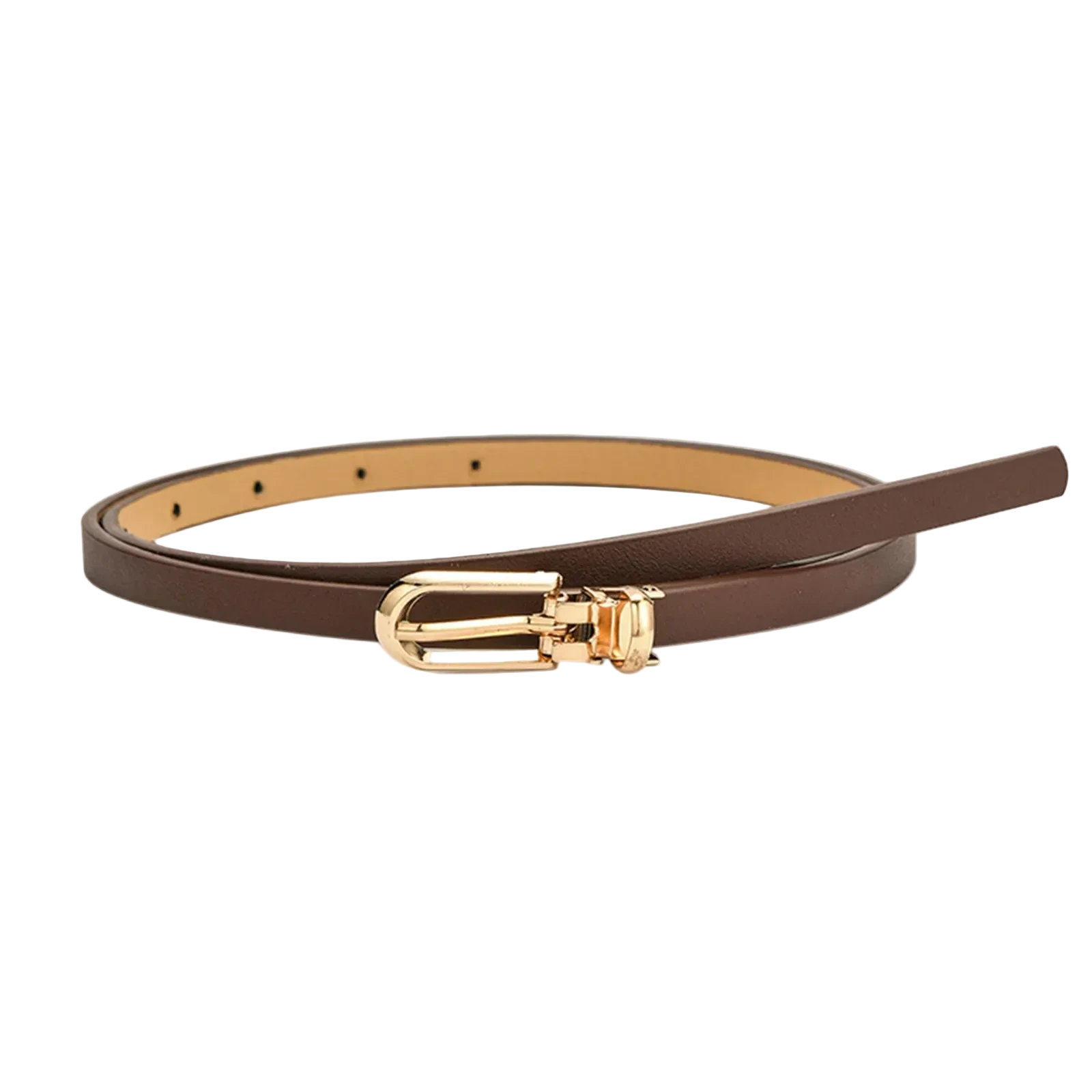 Brown belt with a gold buckle