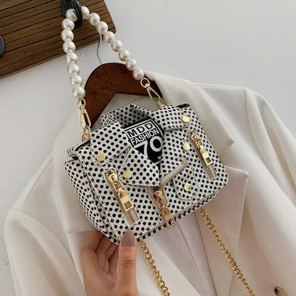 Chic Designer Women Messenger Bags with Pearl Handle and Chain Strap