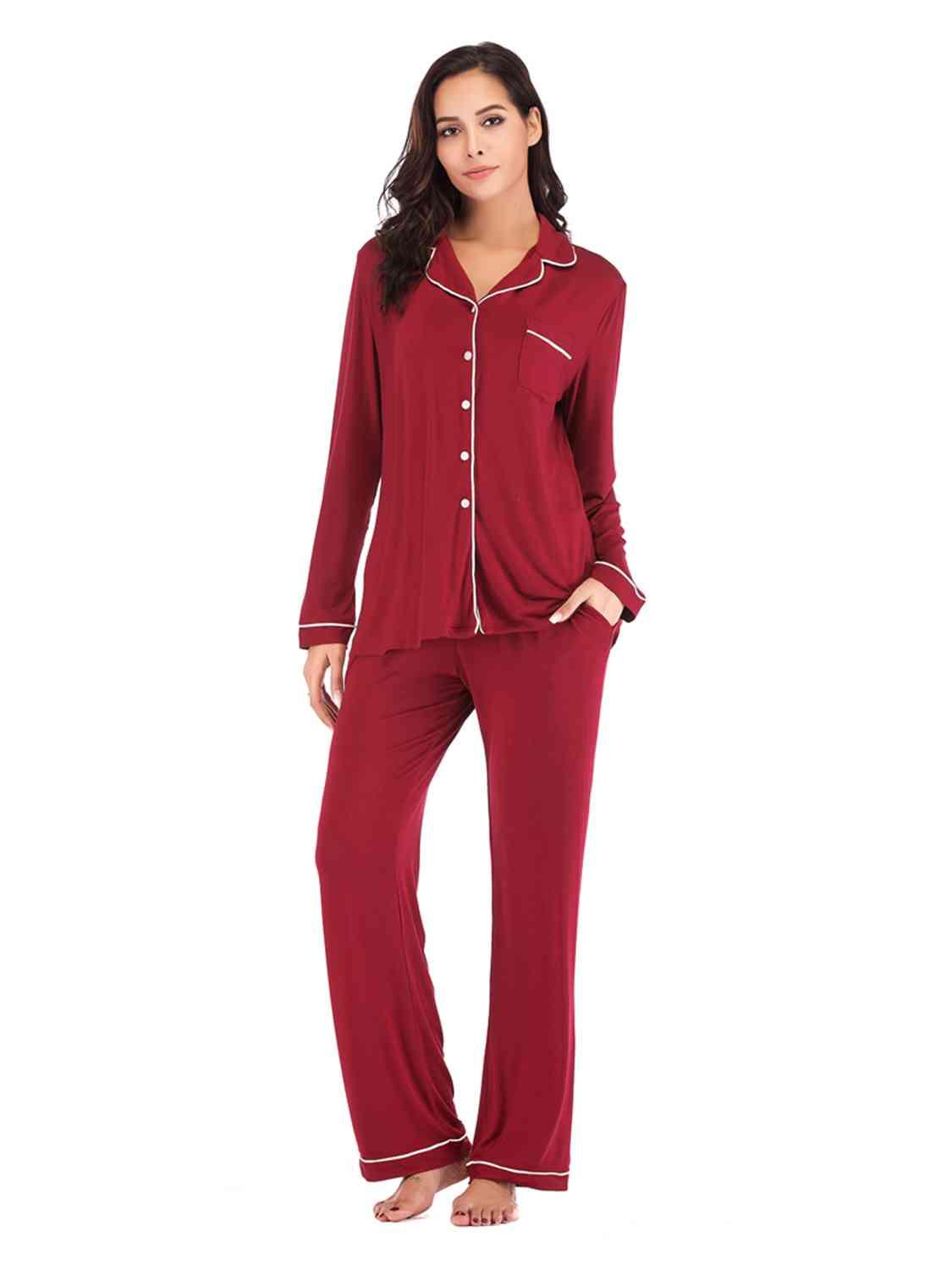 Collared Neck Long Sleeve Loungewear Set with Pockets