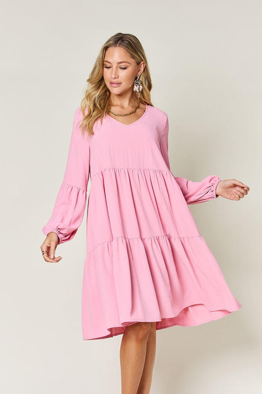 Double Take Full Size V-Neck Balloon Sleeve Tiered Dress Carauana Store
