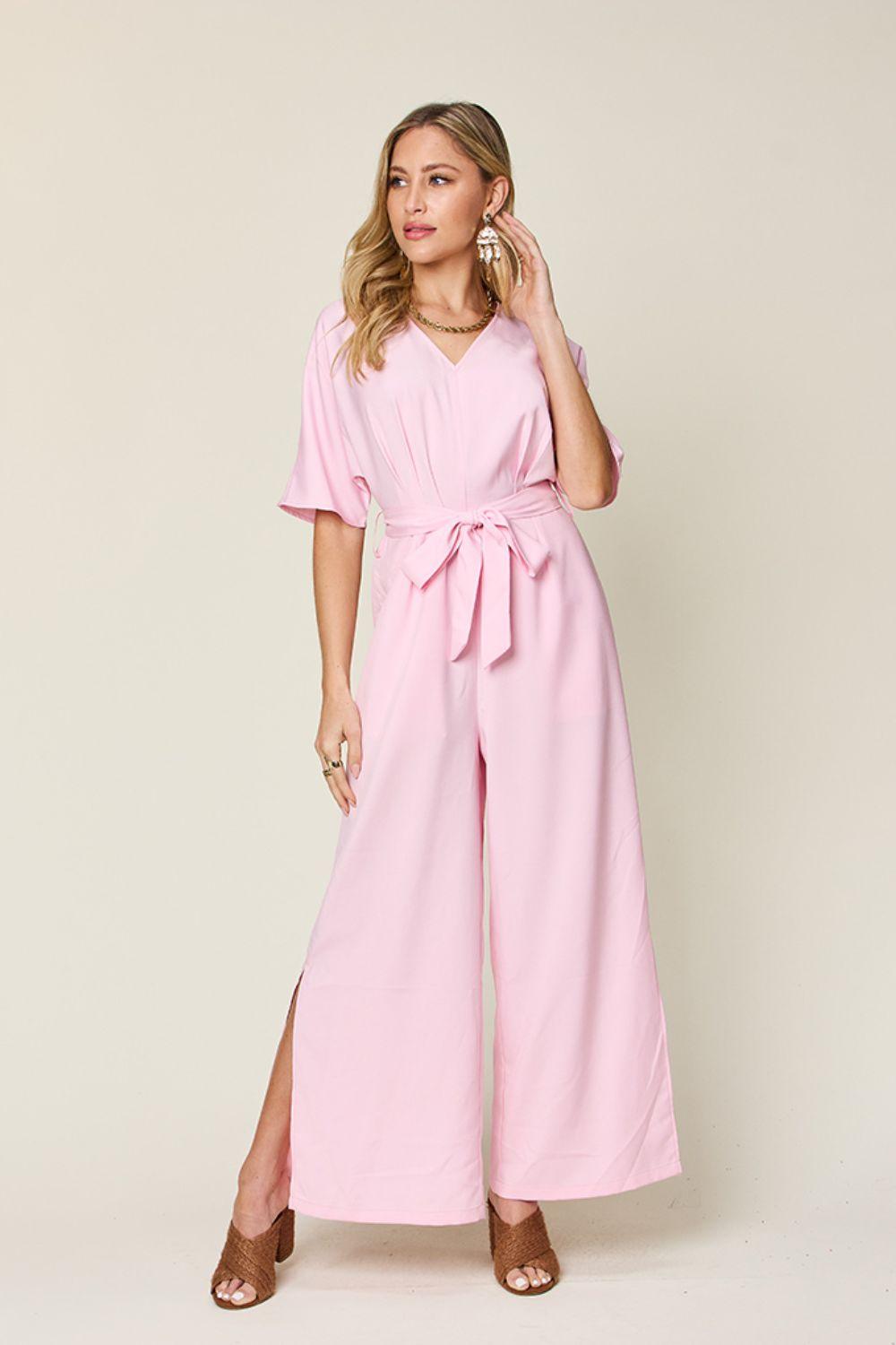 Double Take Full Size V-Neck Tie Front Short Sleeve Slit Jumpsuit