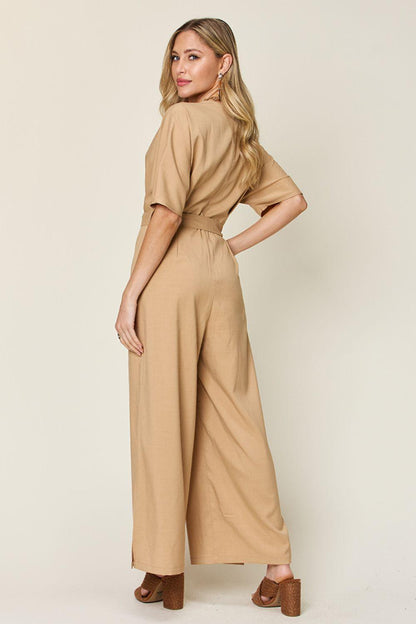 Double Take Full Size V-Neck Tie Front Short Sleeve Slit Jumpsuit