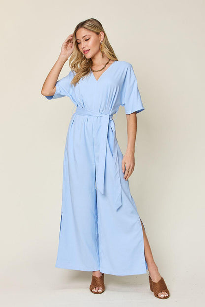 Double Take Full Size V-Neck Tie Front Short Sleeve Slit Jumpsuit