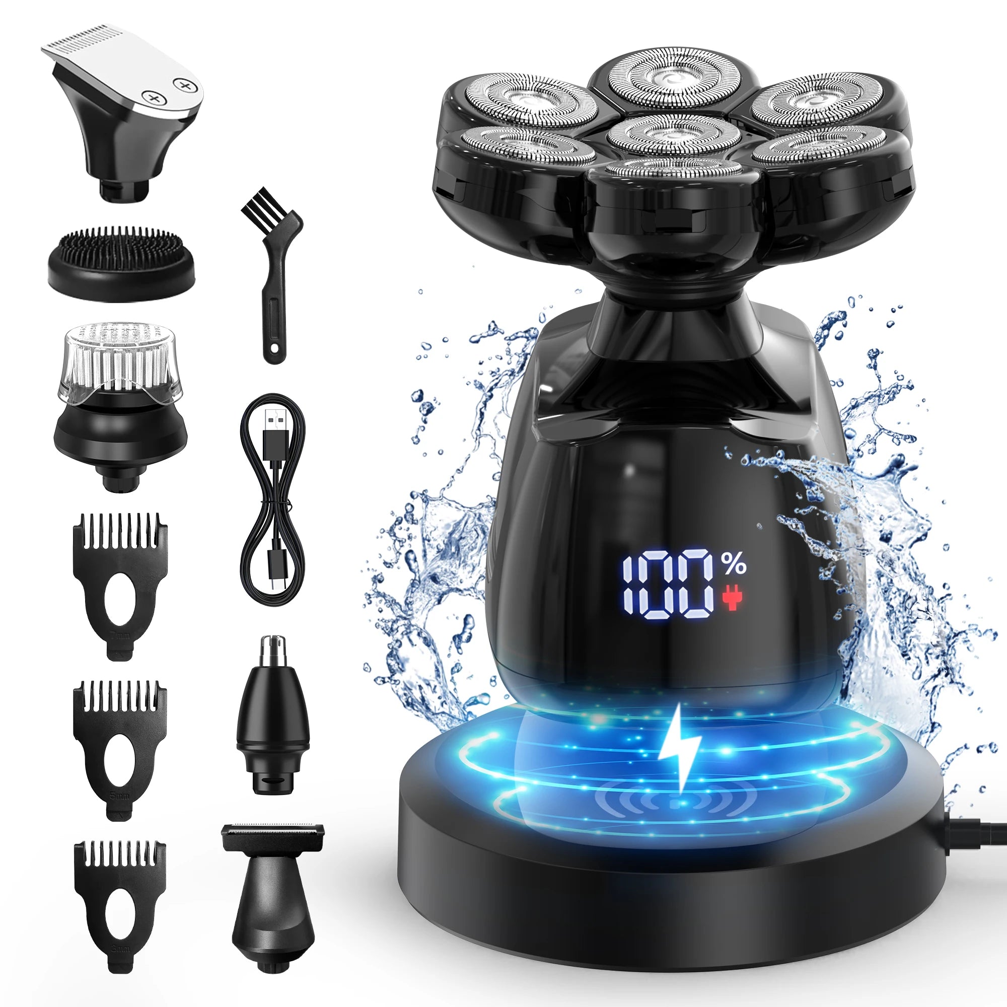 Electric shaver with multiple attachments and charging base
