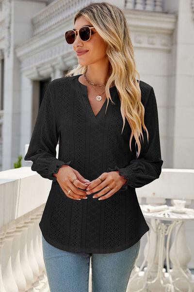 Eyelet Notched Lantern Sleeve T-Shirt