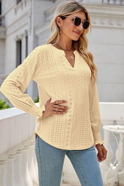 Eyelet Notched Lantern Sleeve T-Shirt