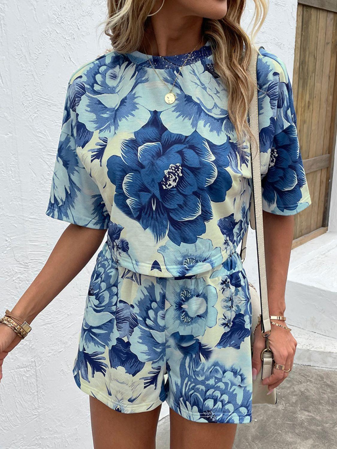 Floral Print Round Neck Dropped Shoulder Half Sleeve Top and Shorts Set