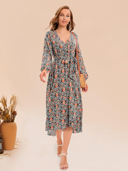 Full Size Printed Surplice Long Sleeve Dress