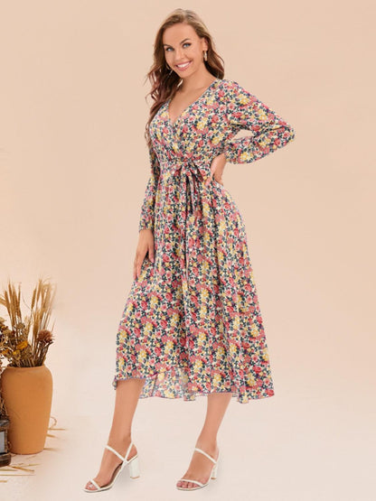 Full Size Printed Surplice Long Sleeve Dress