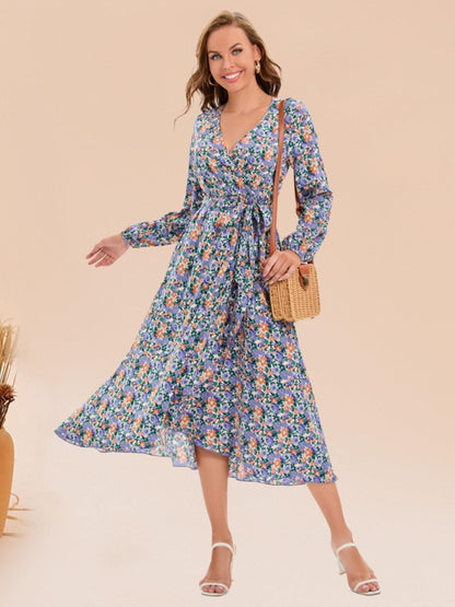 Full Size Printed Surplice Long Sleeve Dress