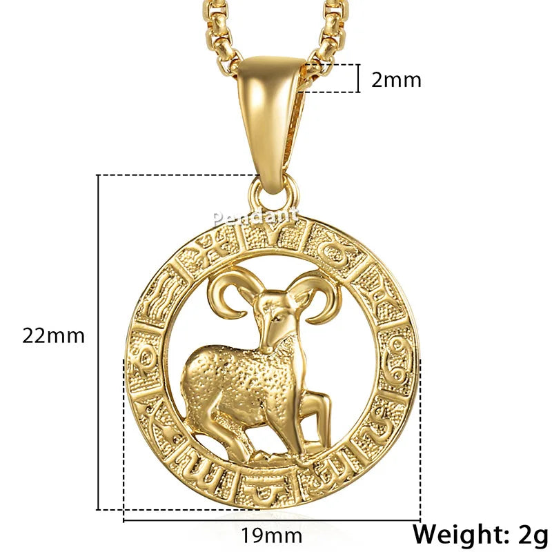 Gold Aries zodiac pendant with measurements and weight details