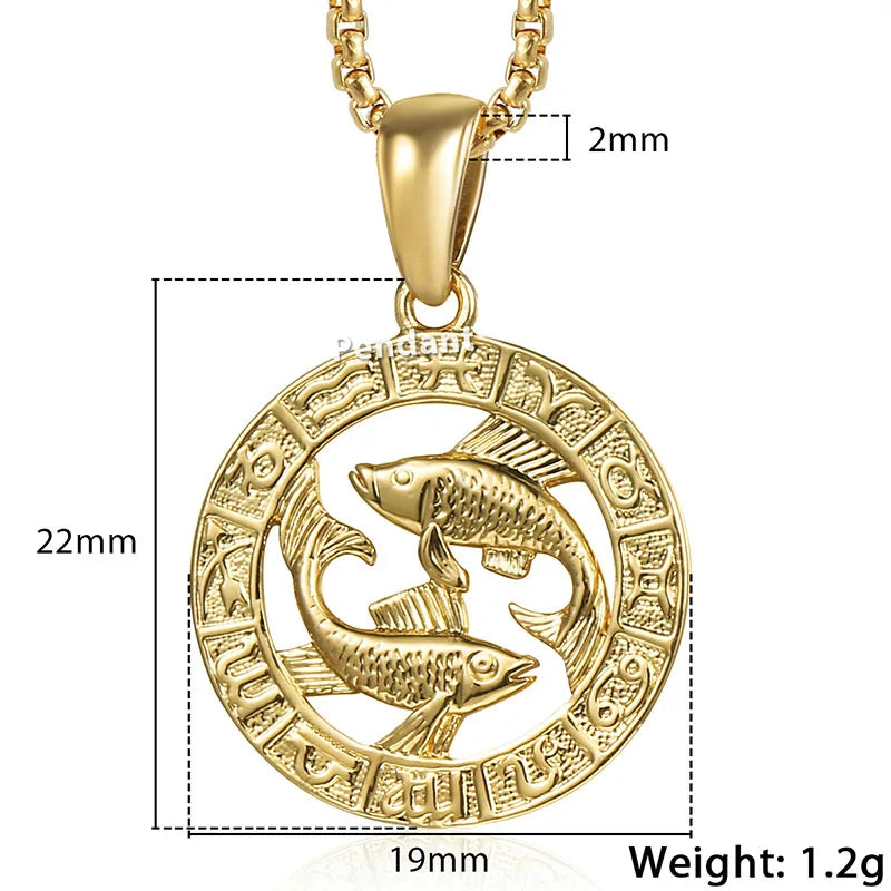 Gold Pisces zodiac pendant with measurements