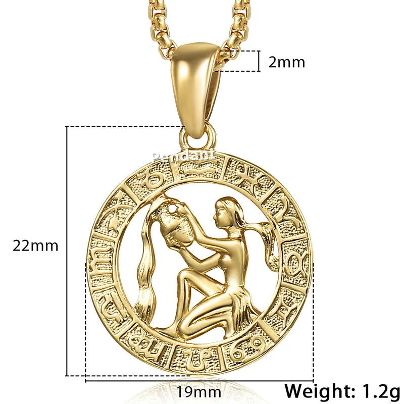 Gold pendant with measurements on a white background