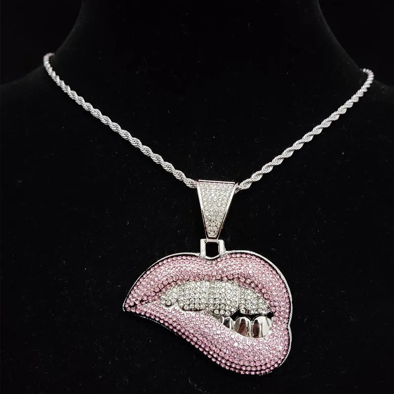 ZIDOM Bite Lip Necklace – Rhinestone Pendant - CaRaUaNa Fashion