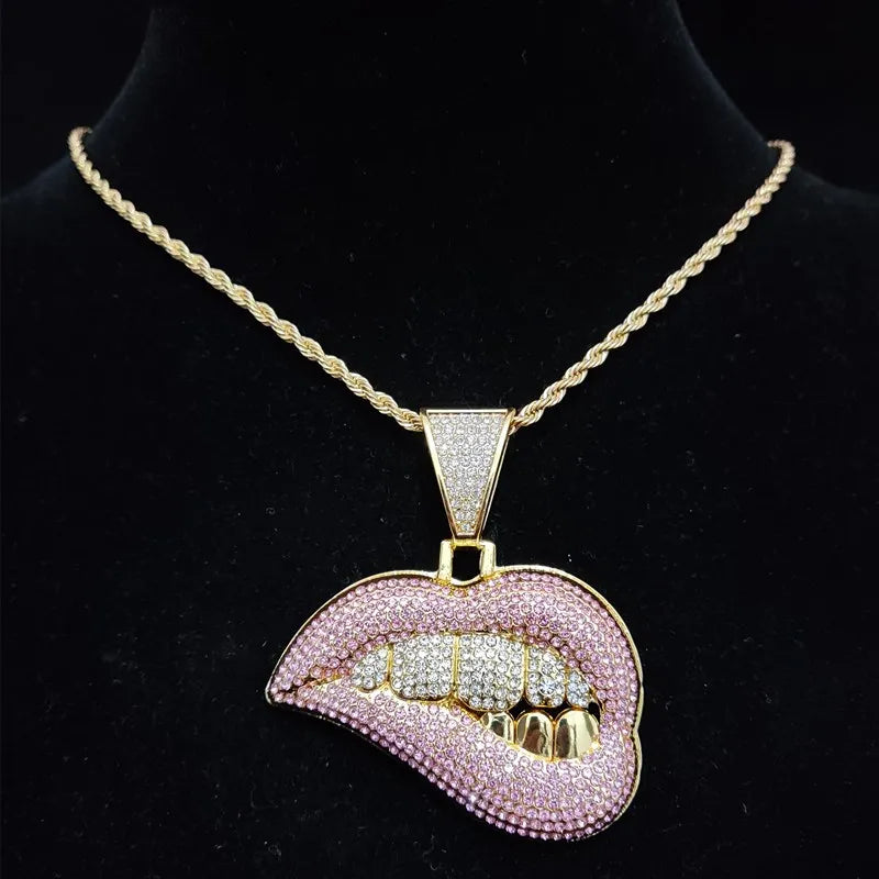 ZIDOM Bite Lip Necklace – Rhinestone Pendant - CaRaUaNa Fashion