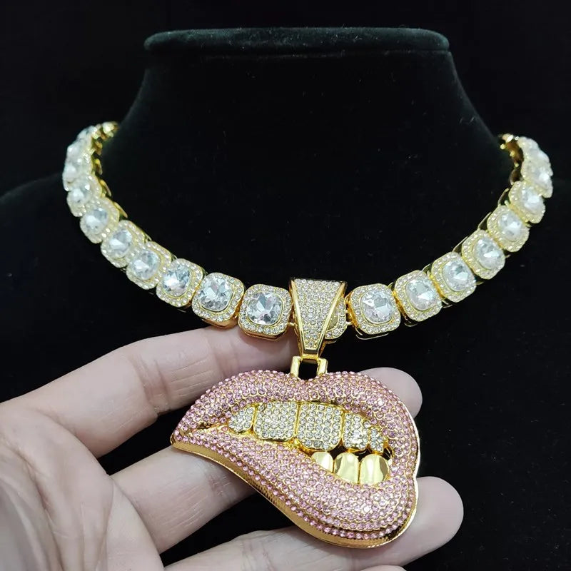 ZIDOM Bite Lip Necklace – Rhinestone Pendant - CaRaUaNa Fashion