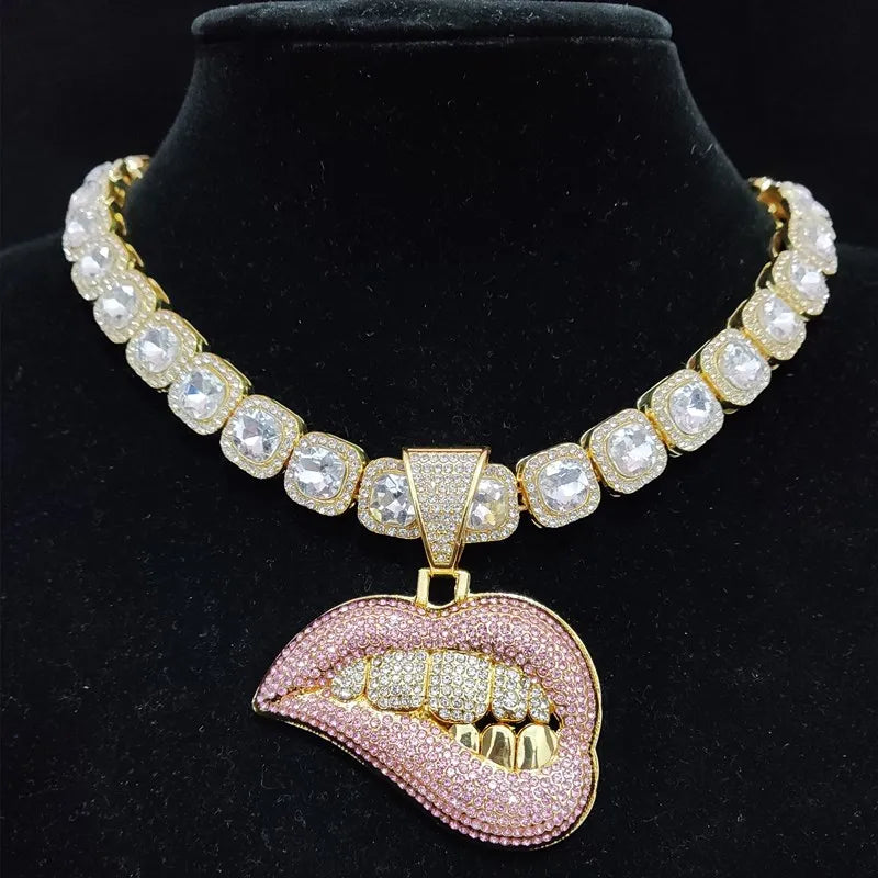 ZIDOM Bite Lip Necklace – Rhinestone Pendant - CaRaUaNa Fashion