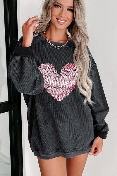 Heart Sequin Round Neck Sweatshirt