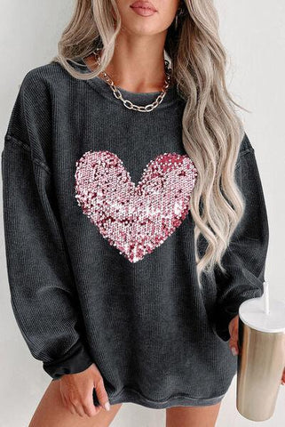 Heart Sequin Round Neck Sweatshirt