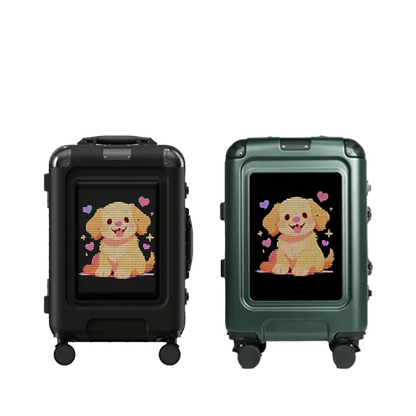 Two suitcases, one black and one green, with a cartoon dog design on their smart screens.