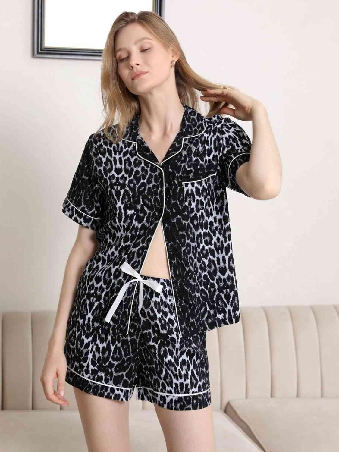 Lapel Collar Shirt and Shorts Pajama Set