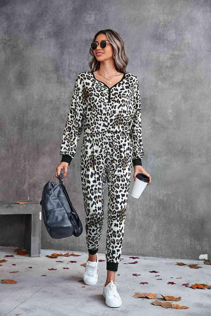 Leopard V-Neck Dropped Shoulder Loungewear Set