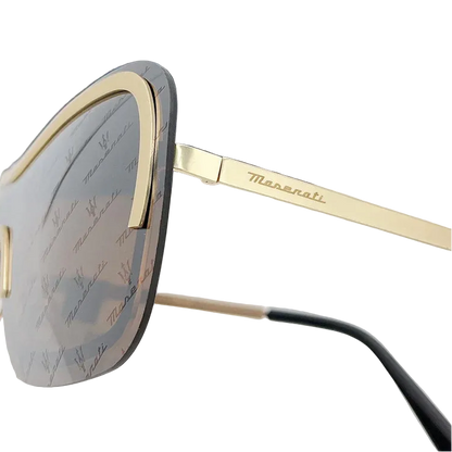 Gold-framed sunglasses with Maserati logo on a white background
