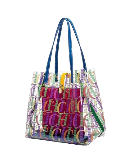 Multicolored transparent handbag with colorful logo pattern