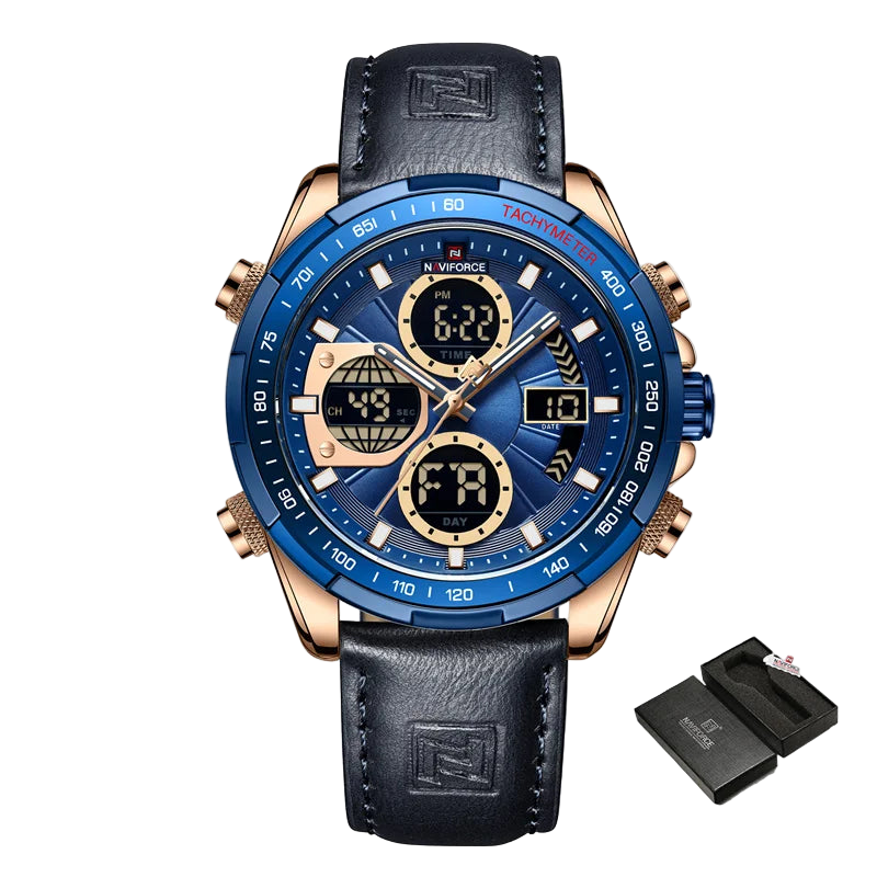 Naviforce watch with blue face and black leather strap