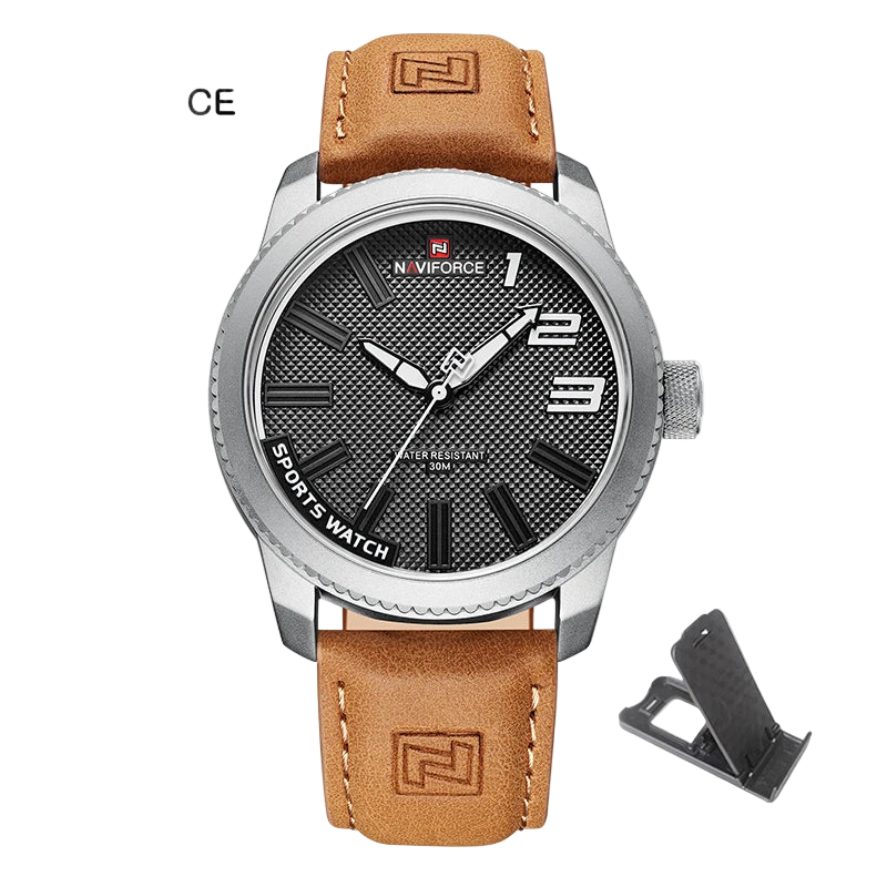 Naviforce watch with brown leather strap and black dial