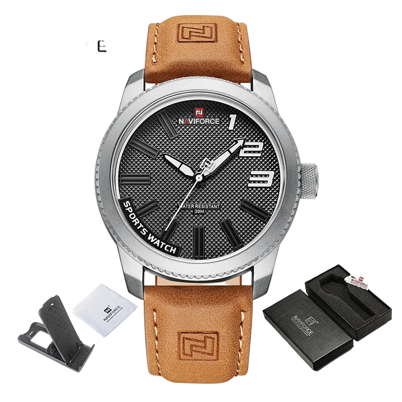 Naviforce watch with brown leather strap and black dial with box