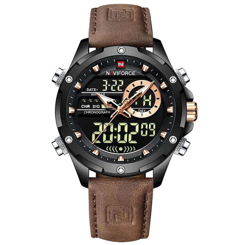Naviforce watch with brown leather strap and digital display on a white background
