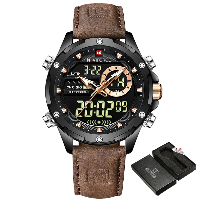Naviforce watch with brown leather strap and digital display on a white background