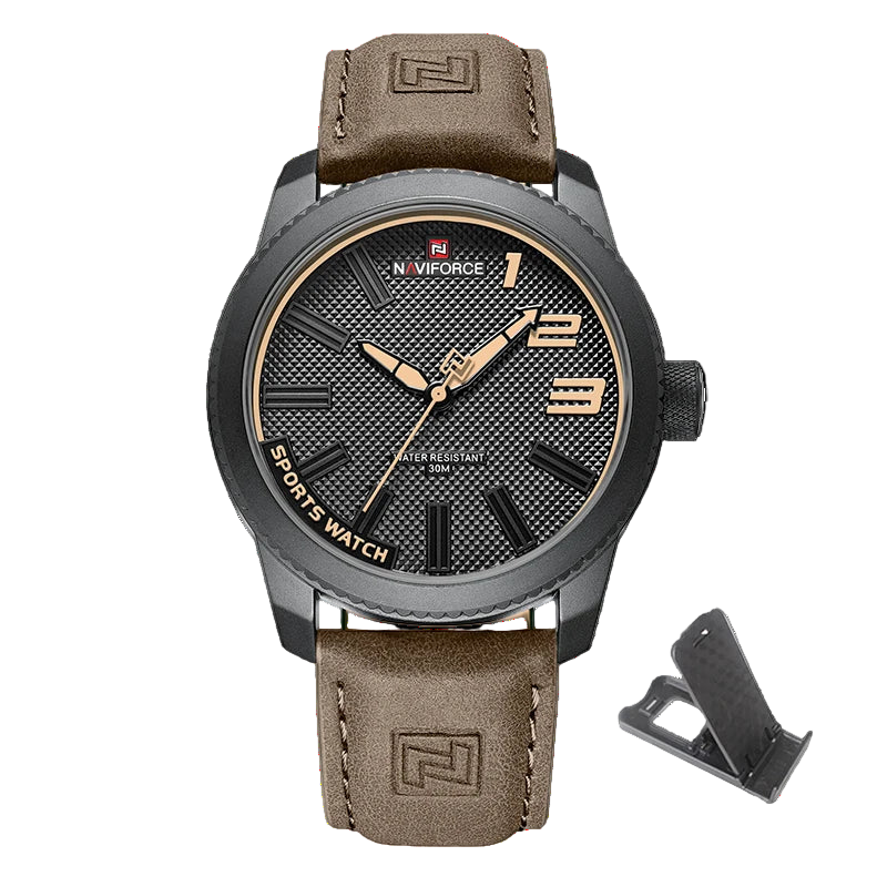 Naviforce watch with dark brown leather strap and black dial