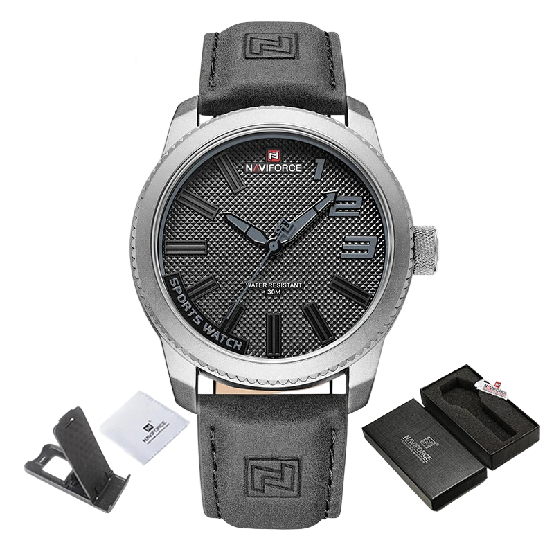 Naviforce watch with gray leather strap and silver case with box