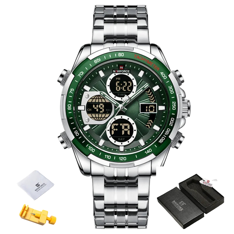 Naviforce watch with green dial and silver strap