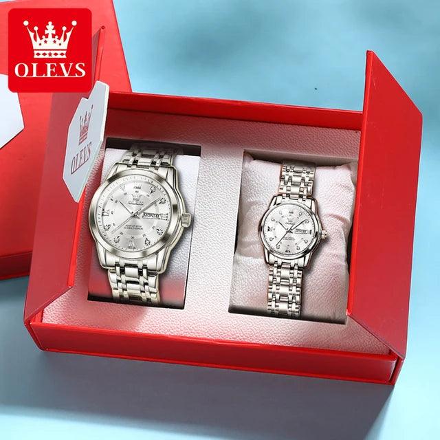 OLEVS Couple Watch Pair for Men and Women Stainless Steel Waterproof Men's Watches Luxury Gold Diamond Lover's Wristwatches 2023