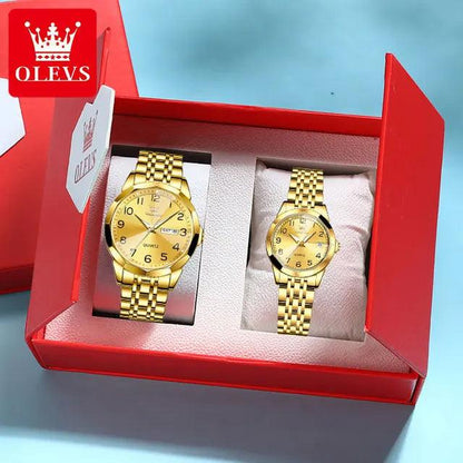 OLEVS Dance of Time: Stainless Steel Elegance with Eternal Calendars Couple's Watches Box Set