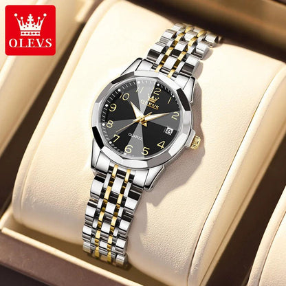 OLEVS Golden Watch for Women Luxury Elegant Rhombus Design Digital Dial Stainless Steel Strap Waterproof Calendar Clock Ladies