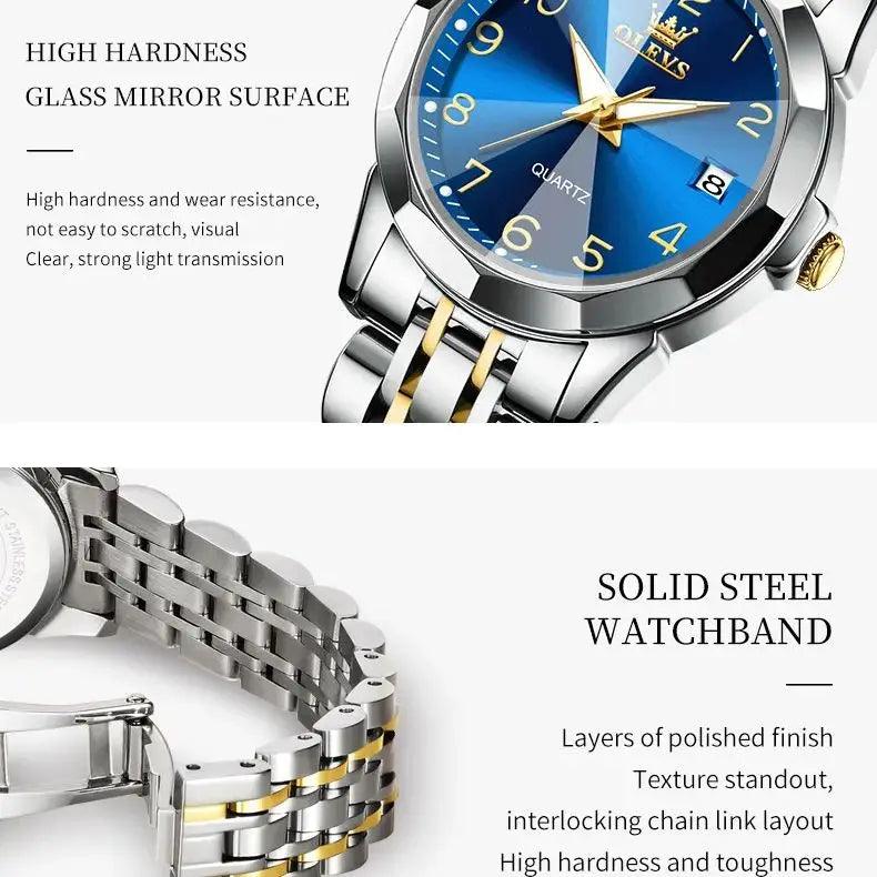 OLEVS Golden Watch for Women Luxury Elegant Rhombus Design Digital Dial Stainless Steel Strap Waterproof Calendar Clock Ladies