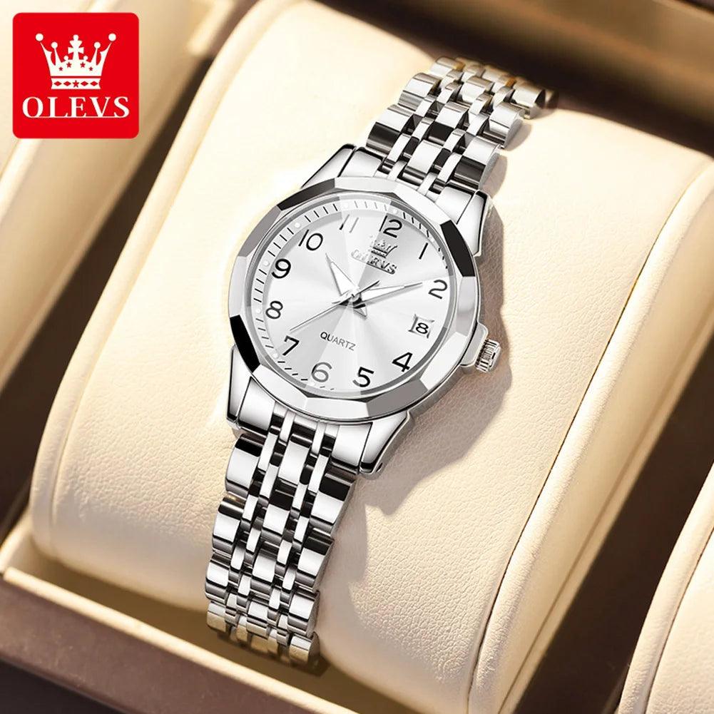 OLEVS Golden Watch for Women Luxury Elegant Rhombus Design Digital Dial Stainless Steel Strap Waterproof Calendar Clock Ladies