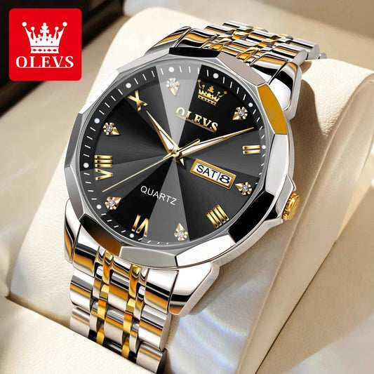 OLEVS Men‘s Watches Gold Original Quartz Wristwatch Waterproof Luminous Watch for Male Rhombus Mirror Date Week Luxury Dress Carauana Store