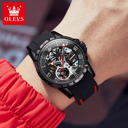 OLEVS Men's Watches Hollow Out Sporty Automatic Mechanical Watch for Man Waterproof Silicone Strap Fashion Hip Hop Style