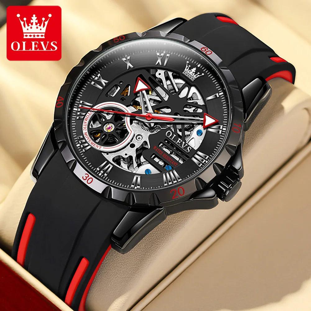 OLEVS Men's Watches Hollow Out Sporty Automatic Mechanical Watch for Man Waterproof Silicone Strap Fashion Hip Hop Style