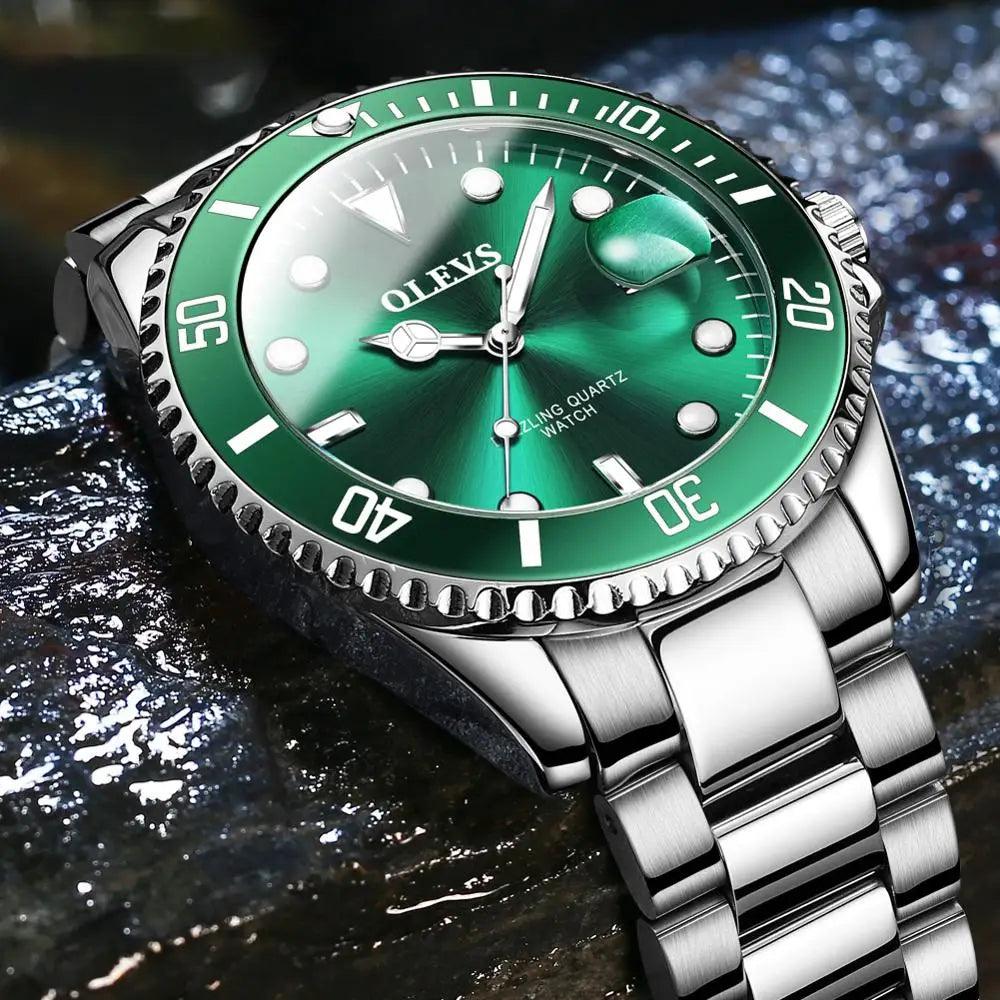 OLEVS Mens Watches Top Brand Luxury Fashion Waterproof Luminous Hand Green Dial Quartz Sports Wristwatch Gifts for Men