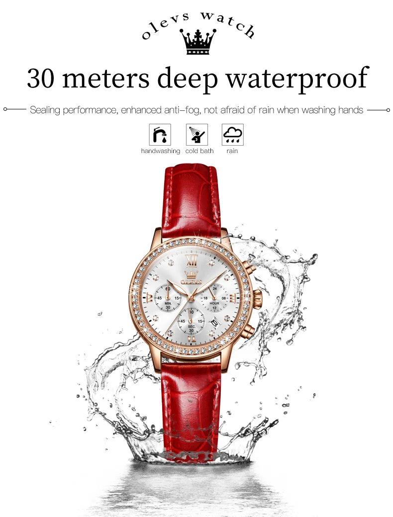 OLEVS Women's Diamond Quartz Wristwatch | Luxury Waterproof Leather Strap Multifunction Watch