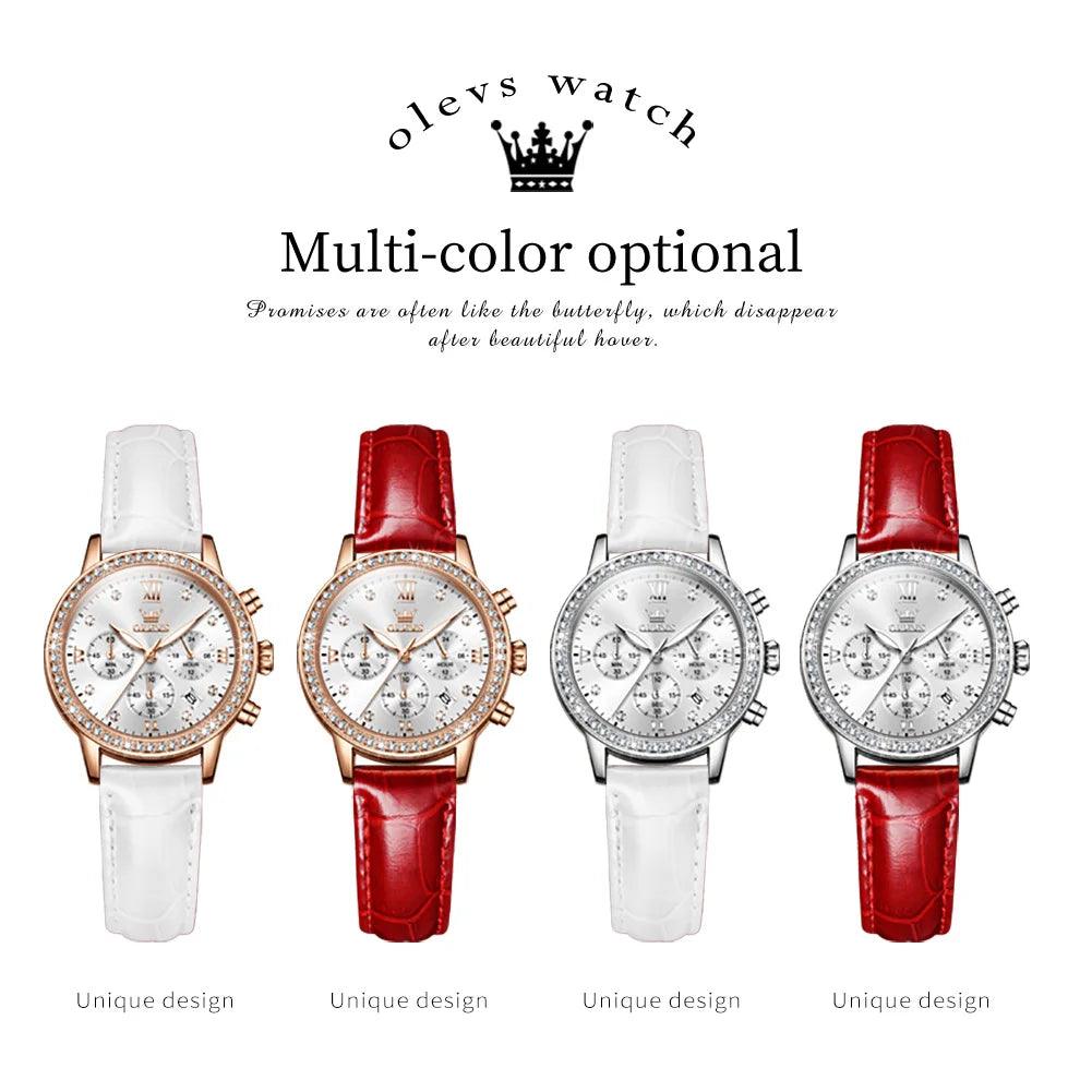 OLEVS Women's Diamond Quartz Wristwatch | Luxury Waterproof Leather Strap Multifunction Watch