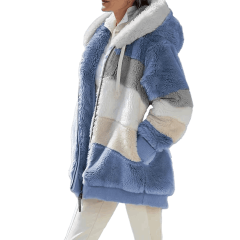 Winterjacke aus Kaschmir mit Kapuze und Patchwork-Karomuster für Damen 