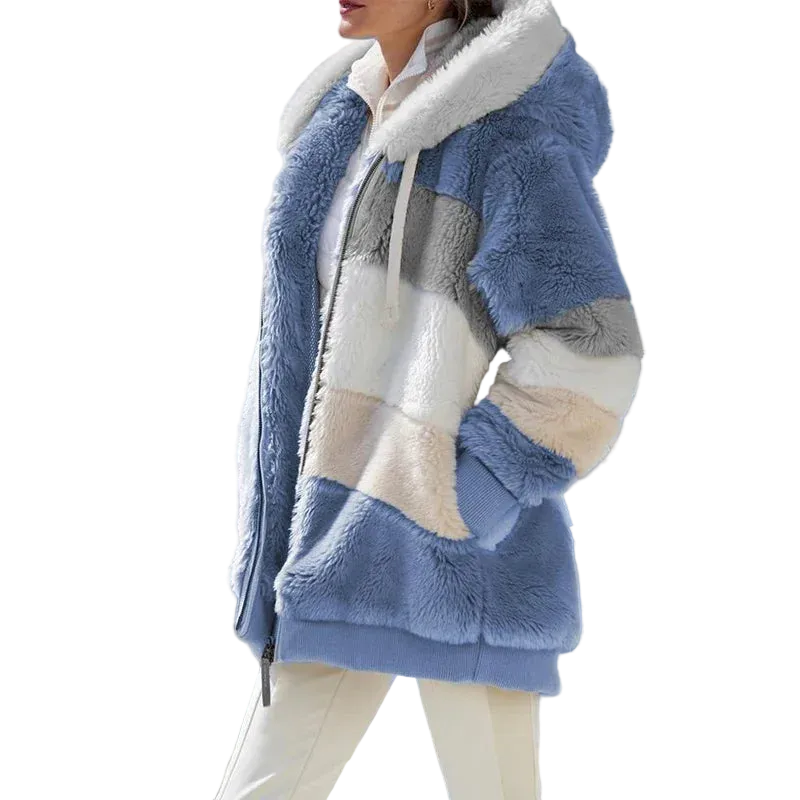 Hooded Patchwork Plaid Winter Cashmere Jacket for Women